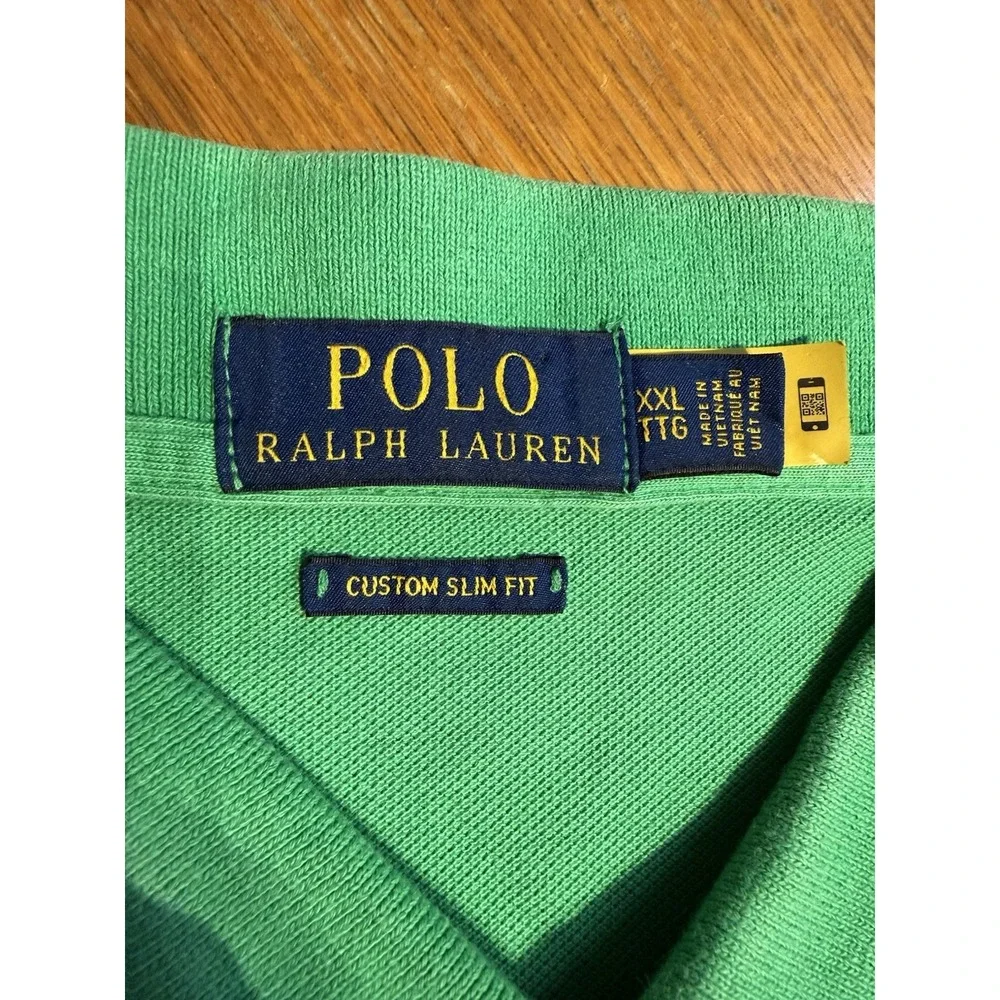 Polo Ralph Lauren Custom Slim Fit Green Polo Shirt Mens 2XL Golf‎ Orange Pony